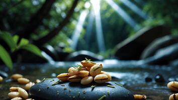 Pile of Nuts with Rosemary on Rock by a Gentle River photo