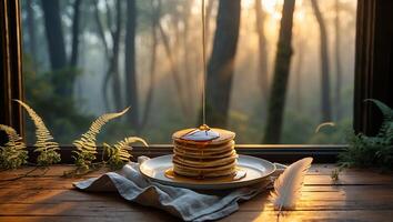 Pancakes Stack Being Drizzled with Syrup with a Forest Background photo
