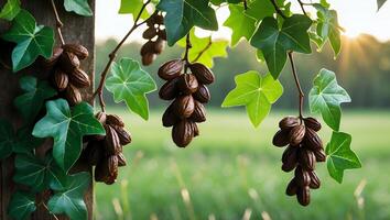 A bunch of ripe dates hanging on a tree photo