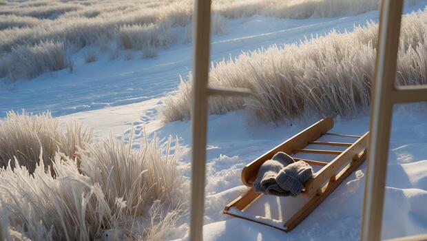 Wooden Sled with Mittens in Snowy Field Seen Through Window photo