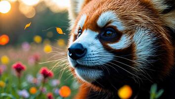 Red Panda Gazing in a Flower Field Under Golden Sunlight photo