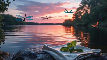 Dragonflies Over a Tranquil Lake at Sunset with Leaves and Fabric photo