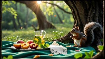 Squirrel Eating in Forest Picnic Scene with Fruit and Drink photo