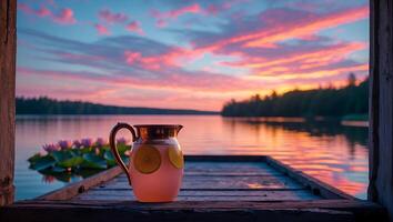 Refreshing Pink Lemonade Pitcher on Dock at Lake with Colorful Sunset photo