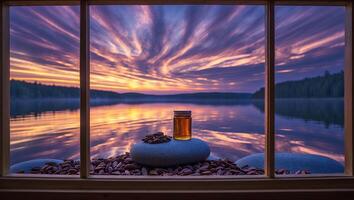 Bottle and Seeds Near Window Overlooking Lake Reflecting Sunset photo