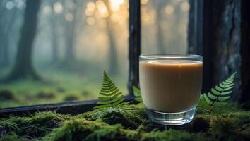 Relaxing Drink on Mossy Window Sill with Forest View photo