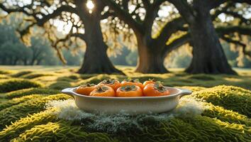 Persimmon Fruits in Dish Outdoors Surrounded by Nature Background photo