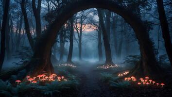 Glowing Mushrooms in Misty Forest Creates Enchanting Atmospheric Woodland Scene photo