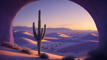 Cactus in Desert Landscape Under Arch at Sunset with Sand Dunes photo