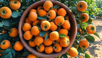 Harvesting Fresh Persimmons Ripe in Wooden Bowl Surrounded by Foliage photo