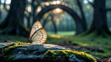 Butterfly Resting on Mossy Rock in Forest at Sunset Light photo