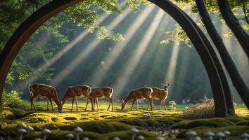 Deer Grazing in Forest Meadow with Sunlight Through Trees photo