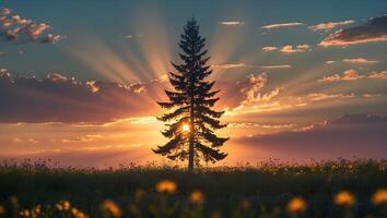 Silhouette of a Single Fir Tree During Golden Hour Sunset in Field photo