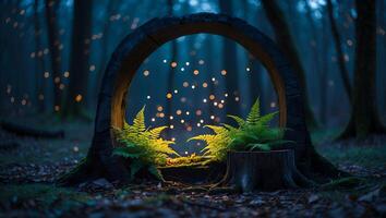Ferns Glowing Inside Tree Hollow in Enchanted Forest with Lights photo
