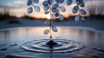 Water Drop Falling From Leaf Creating Ripples at Sunset photo