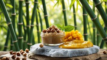 Preparing Mango Dessert with Hazelnuts and Nut Butter in Nature photo