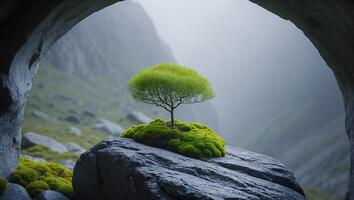 Tree Growing on Rock with Moss Through Cave Opening Landscape photo