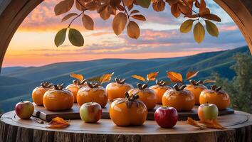 Autumn Harvest Still Life Orange Fruits and Apples Scenic Background photo
