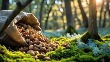 Nuts Spilling From Burlap Sack in Forest with Moss photo