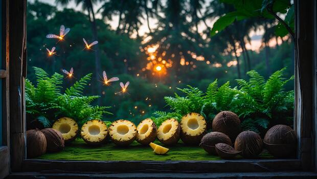 Pineapple and Coconuts on Mossy Window Sill with Forest Sunset photo
