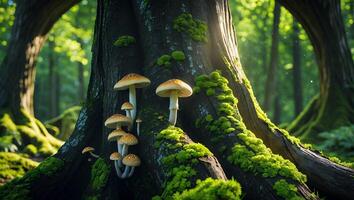 Mushrooms Growing at Base of Mossy Tree in Forest Sunlight photo