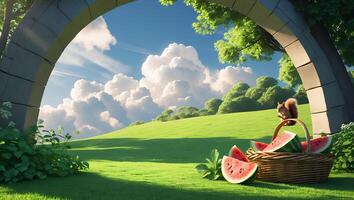 Squirrel Enjoying Watermelon in a Sunny Field with Stone Archway photo