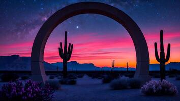 Desert Landscape with Cactus Silhouette and Celestial Sky at Twilight photo