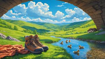 Hiking Boots Relaxing by River with Ducks on Sunny Day photo
