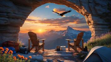 Camping Site with Scenic Mountain Views and Bird in Flight photo