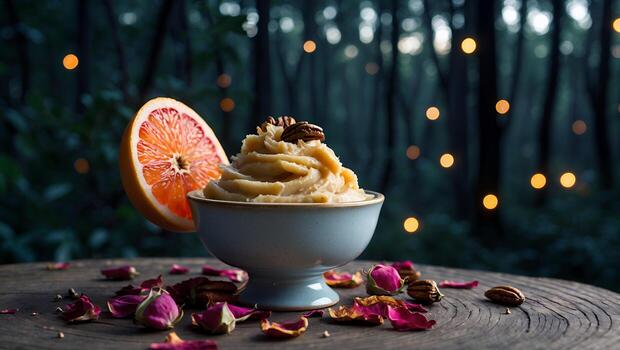 Creamy Dessert with Orange and Nuts in Forest Setting at Night photo