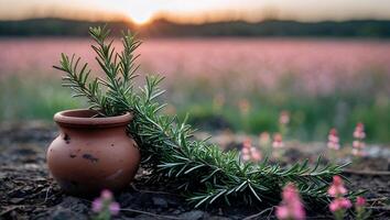 Rosemary in Clay Pot at Sunset on Dark Soil Ground photo