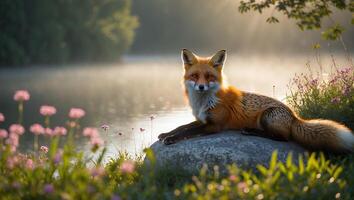 Fox Resting on Rock Near Misty Lake with Blooming Flowers photo