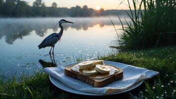 Toast with Banana Slices by Lake at Sunrise with Bird photo
