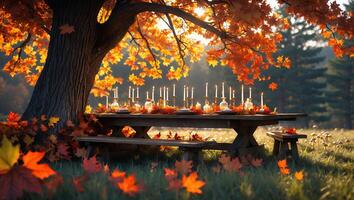 Autumn Picnic Table Set Under Tree with Fall Leaves and Candles photo