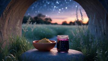 Bowl and Jar on Stone with Field and Starry Night View photo