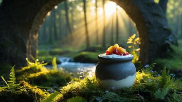 Pot of Fruit Yogurt in Forest at Sunrise by Stream photo