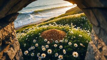 Seashore Meadow View with Stone Arch and Daisy Flowers photo