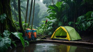 Camping in Tropical Rainforest with Tent Backpacks and Exotic Bird photo