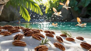 Pecan Nuts on Tropical Beach with Birds Flying Over Water photo
