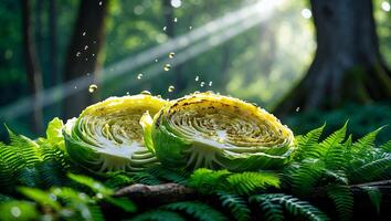 Cut Cabbage on Ferns with Water Droplets in Forest Sunlight photo