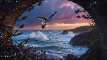 Seagull Flying Over Ocean Waves at Sunset Framed by Rocky Cliffs photo
