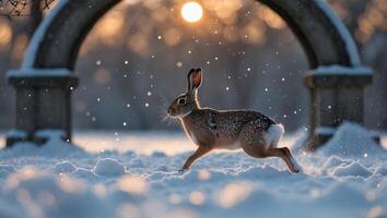 Hare Running Through Snow at Sunset in Winter Landscape Scenery photo