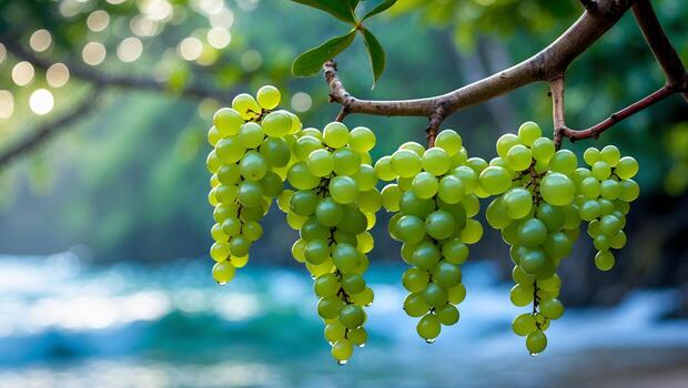 verde uvas colgando en vino con bokeh antecedentes y ondulación agua foto