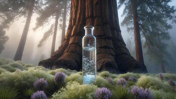 Glass Bottle with Water in Forest Under Giant Tree photo