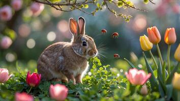 Rabbit Sitting in Garden with Tulips and Ladybugs in Sunlight photo