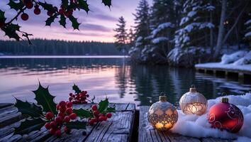 Winter Lake Scene with Holly and Baubles on Wooden Dock photo