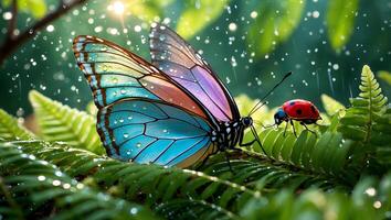 Butterfly and Ladybug Resting on Ferns with Water Droplets photo