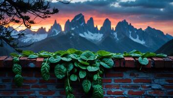 Vines Cascading Down Brick Wall with Mountain Range at Sunset photo
