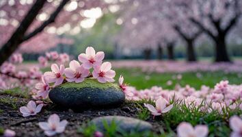 Blooming Cherry Blossoms on Stone with Blossoms Falling in Spring photo