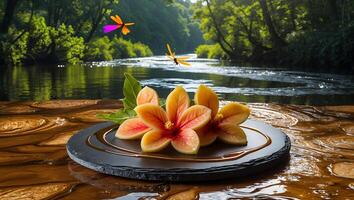 Arrangement of Flowers on Plate with Nature Background at Riverside photo